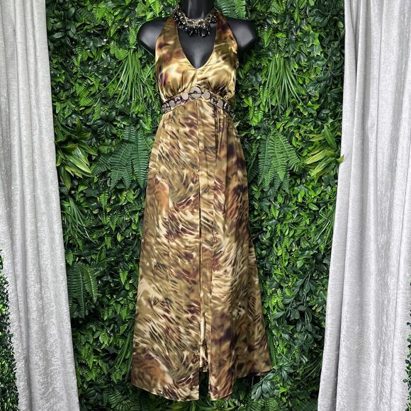 Vintage ROBBI BEE Dress Women 10 Brown Gold Halter Neck Flowy Sheer Overlay 2303 - Picture 2 of 8